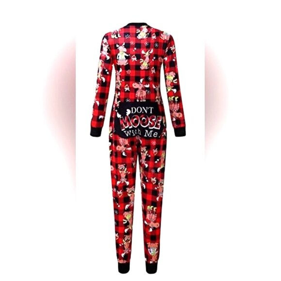 🎄NEW Moose Christmas "Don't moose with me" One Piece Pajama's Red Black Plaid S - Picture 1 of 9